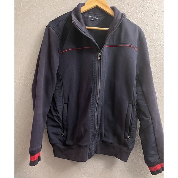 Tommy Hilfiger Long Sleeve Full Zip Jacket Mens Size LARGE Blue Red Stripe - Picture 1 of 12
